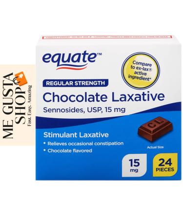Equate Regular Strength Chocolate Laxative Sennosides USP 15mg Stimulant Laxative Chocolate Flavored 24 Count + Me Gustas Stickers