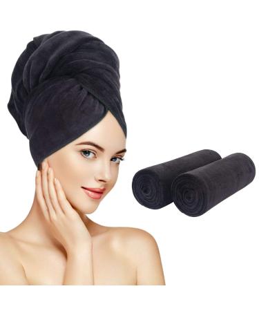Sunland Microfiber Hair Drying Towel 2 Pack Super Absorbent Quick Dry Magic Hair Turban for Drying Long Hair Soft and Large 20 inch X 40 inch Black 20inchX40inch Blackx2