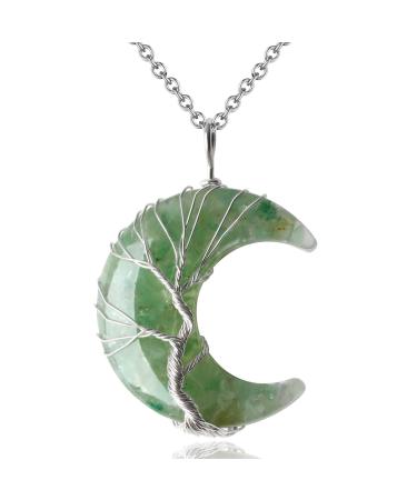 XIANNVXI Crystal Necklaces for Women Crescent Moon Necklace Healing Crystals Pendant Tree of Life Wire Wrapped Reiki Spiritual Necklace Jewellery for Women K - Aventurine