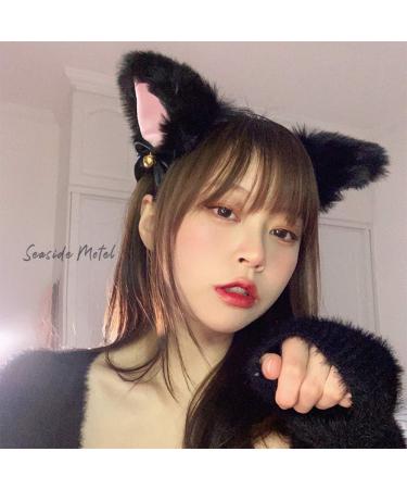 Faux Furry Cat Ears Hair Clip with Bell - Anime Cosplay Headband - Black and Pink - Buy Online on GoSupps.com