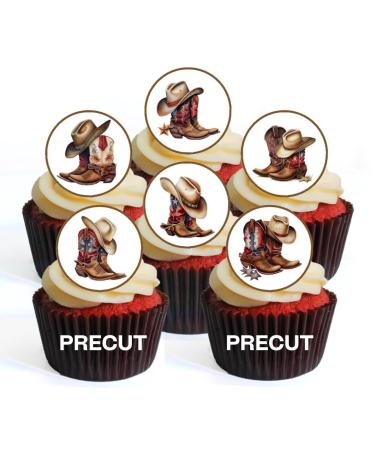 PRECUT Cowboy Boots Edible Cupcake Toppers - Cowboy Theme Premium Thickness SWEETENED VANILLA - wafer card disc cake decorations (Pack of 12)