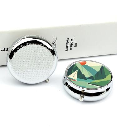 Round Pill Box with Mountain Print - 3 Compartment Portable Pill Organizer - Decorative Metal Pocket Case for Travel - Buy Online on GoSupps.com