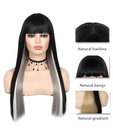 Kaneles Long Straight Black Mix Grey Wig with Bangs - Heat Resistant Synthetic Hair for Women - Buy Online on GoSupps.com