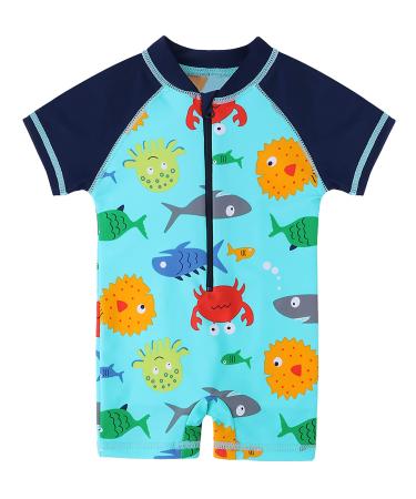 HUAANIUE Baby Boys Swimsuit Hat Short Sleeve One Piece Swimwear Zip Rash Guard Sun Protection Wetsuit Cap UPF 50+ 6M-4Y Swimming Hat Bathing Beachwear 1-2 Years 01 Bluesealife Swimwear