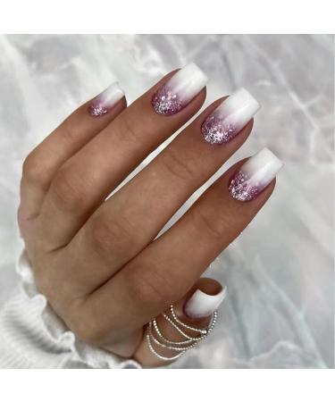 Yoolly 24pcs Short Square False French Tip False Nails Stick on Nails Glitter Press on Nails Removable Glue - on Fake Nails Acrylic Full Cover Nails Women Girls Nail Art Accessories (Flash Purple)