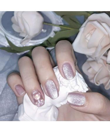 Sethexy French short false fingernails pink sparkle nails with glue space bear false nails glossy nails glue 24st acrylic art nail tips to press on for women and girls