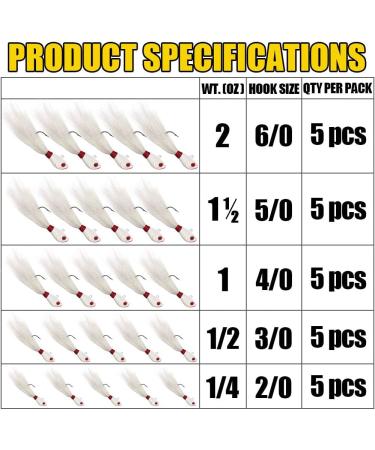 Bucktail Jigs Saltwater Hair Jigs Head Flukes Fishing Lures Assorted Kit - 5 Piece Pack for Striped Bass, Walleye, Snook, Rockfish - 1/4oz, 1/2oz, 1oz, 2oz - All White - Buy Online on GoSupps.com