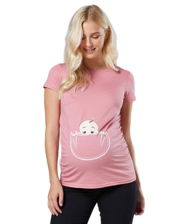 HAPPY MAMA. Women's Maternity Baby in Pocket Print T-Shirt Top Tee Shirt. 501p 8-10 Dusky Pink