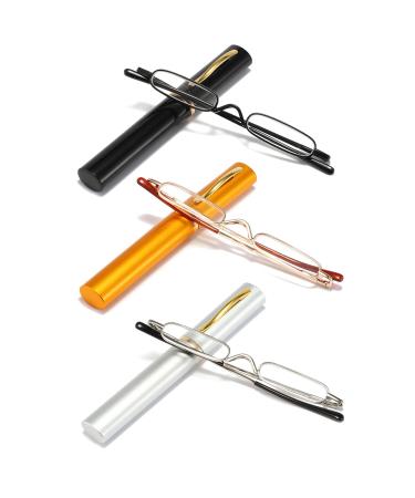 Ultra Small Reading Glasses For Men Women Slim Pocket Readers with Pen Clip Metal Case Spring Hinge 3 Pairs 1.5 3 Mix Pcs 1.5 x