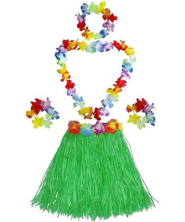Girls Elastic Hawaiian Hula Dancer Grass Skirt with Flower Costume Set - Green | [Brand Name] - Buy Online on GoSupps.com