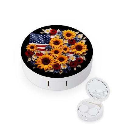 American Flag Sunflowers Contact Lens Travel Kit Portable Cute Contact Box with Mirror for Daily Outdoor