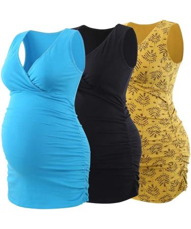 Manci Women's Nursing Maternity Top - V Neck Ruched Waist Pajama Top - Black/Yellow/Blue - Size M - Buy Online on GoSupps.com