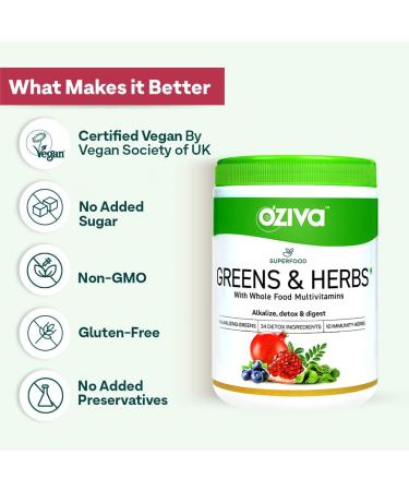 Oziva Superfood Greens & Herbs Powder | 8.8 oz (250 gm) | Chlorella, Curcumin, Spirulina, Maca, Moringa | Cleanse, Detox, Energy | Vegan & Keto Friendly - Buy Online on GoSupps.com