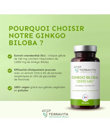 GINKGO BILOBA 12000 mg | 50:1 Extract Highly Dosed 6000 mg per Capsule | Memory Booster - Concentration - Tinnitus - Blood Circulation | 60 Vegan Capsules | Made in France | Terravita - Buy Online on GoSupps.com