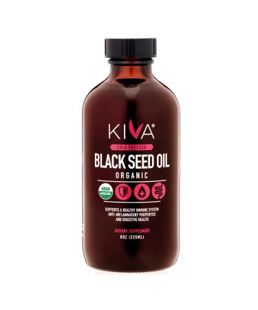 Kiva Organic Black Seed Oil, 100% Pure Cold-Pressed Nigella Sativa | Up to 3x the Thymoquinone (TQ)- Powerful Antioxidant for Immune support, Hair & Skin, Joints, Digestion | Glass Bottle, 8oz / 235ml