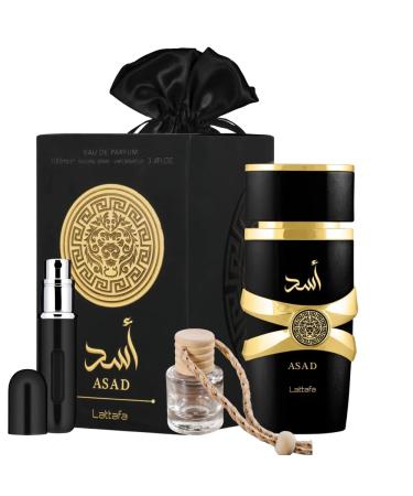 Bundle of Lattafa Asad 3.4oz Eau de Parfum with 5ml Portable Refillable Atomizer and Refillable Car Freshener in a Satin Gift Bag