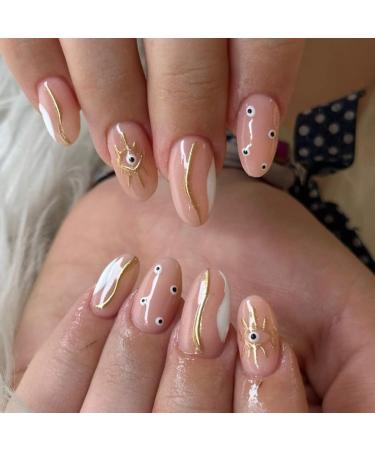 SINLOV Long Almond Fake Nails Glossy Pink Nude Press on False Nails Eyes Ballerina Artificial Finger Nails French Full Cover False Nails for Women and Girls
