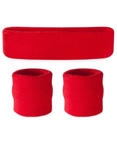 Suddora Sweatbands (Headband Wristband Set) - Terry Cloth Athletic Sweat Bands for Basketball, Tennis, Working Out, Gym Red