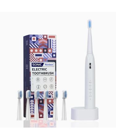 Sonic Electric Toothbrushes for Adults  6 Brush Heads Wireless Fast Charging Ultrasonic Toothbrush with 5 Modes  Power Rechargeable Toothbrushes Last 60 Days White