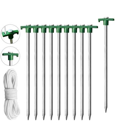 Eurmax USA Galvanized Non-Rust Camping Family Tent Pop Up Tent Stakes Ice Tools Heavy Duty 10pc-Pack with 4x10ft Ropes & 1 Stopper Green