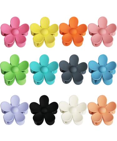12 Pieces Flower Claw Clips Large Hair Jaw Clips for Women Girls Thick Hair 12 Colors Matte Big Hair Claw Clips Non Slip Strong Hold Hair Catch Clamps Barrettes Headwear Accessories for Thin Hair lake blue, green, black, l
