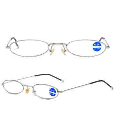 Lanomi narrow metal reading glasses Blue light filter oval thin frame mini uv400 protection reading aid visual aid women men retro computer glasses with tube case silver 1.5 dioptria