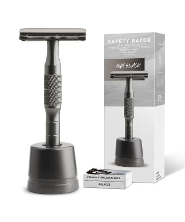 Double Edge Safety Razor With Stand Single Blade Razors for Men and Women Reusable Metal Razors with 10 Platinum Coated Safety Razor Blades Face Razors for Men Shaving Sustainable Gun Black Gun Black Razor with Stand