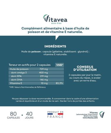 VITAVEA WELL-BEING - Omega 3 Natural Vitamin E - Wild Fish Oil Premium Quality - Source of EPA and DHA - Cardiovascular Wellness - 80 Capsules - 40 days - Made in France - Buy Online on GoSupps.com