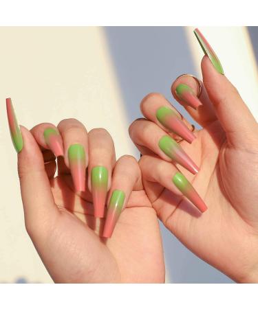 Bohen Long Coffin False Nails - Glossy Green Ballerina Press-On Nails for Women & Girls | 24 Pcs Party Set - Buy Online on GoSupps.com