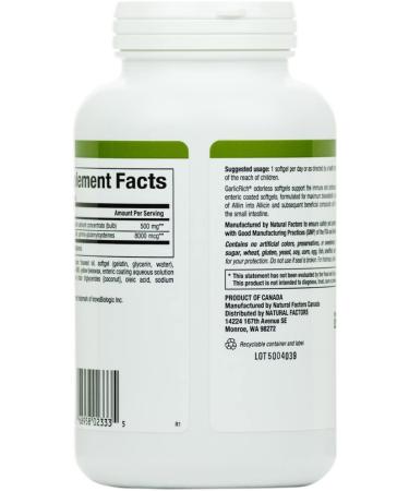 Natural Factors GarlicRich Super Strength 500 mg - 180 Enteric Coated Softgels for Heart Health - Buy Online on GoSupps.com