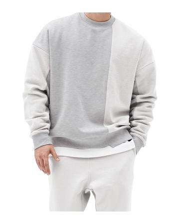 Surenow Mens Patchwork Crewneck Sweatshirt Long-Sleeve Lightweight Terry Sweatshirt Casual Workout Pullover Shirt Tops Grey Medium
