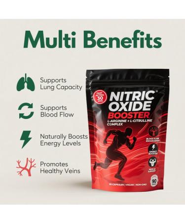 Nitric Oxide Booster Supplement Fast-Acting Formula with L-Arginine L-Citrulline Energy Heart Health Muscle Growth & Circulation Support Gluten Free Vegan Capsules - 90 Capsules - Buy Online on GoSupps.com