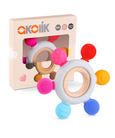 akolik Teething Toys for Baby Baby teether Silicone Teething for Babies 0-6 6-12 Months BPA-Free with Wooden Ring Silicone Chewable Teether (Rudder c)