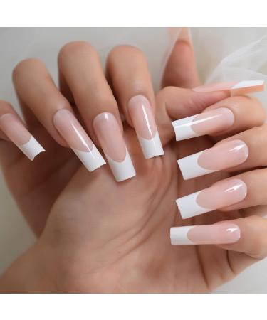 24pcs Long Square Nude White French Tip Press On False Nails for Women - Glossy Gel Full Cover Manicure - Buy Online on GoSupps.com