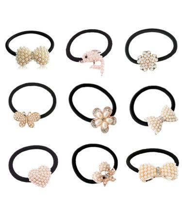 Lovef 9 Pcs Beautiful Full Pearl with Crystal Rhinstone Flower Bow Fish Butterfly Design for Baby Kids Girl Women Hair Accessories Elastic Tie Ponytail Holders Princess Baby Hair Rope Rubber Bands As the photo show