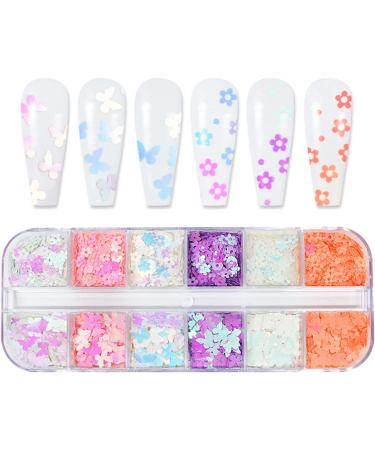 Floral Nail Art Sequins Set - 12 Grids Fluorescent 3D Glitter Flakes for Women DIY Nail Decoration - Mermaid Color Butterfly and Flowers Design - Acrylic Nail Supplies - Buy Online on GoSupps.com
