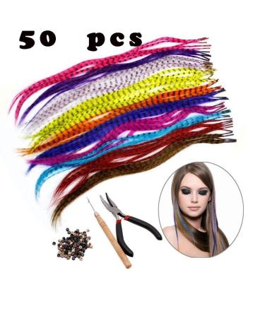 Feather Hair Extension Kit: 50 Synthetic Feathers with 100 Beads, Plier, and Hook - Buy Online on GoSupps.com