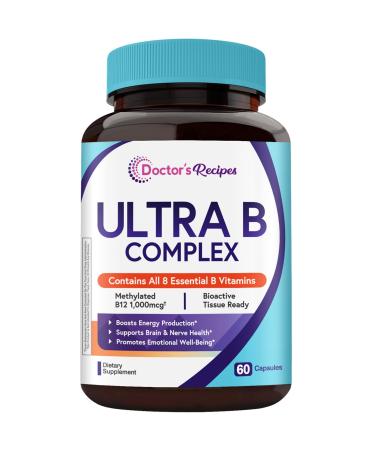 Doctor's Recipes Ultra B Complex Vitamins for Women and Men with Methylated B12 1000mcg B6 B1 Folic Acid for Energy Metabolism Nerve & Mood Support Vegan 60 Capsules 30 Day Supply