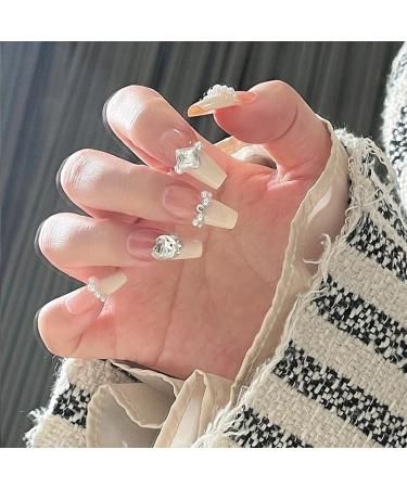 French Tip Press on Nails - Long Press On Nails with Nail Tips White Love heart Rhinestones Chain Diamond Design Glossy nake color press on nails Acrylic False Nails Cute Artificial Nails