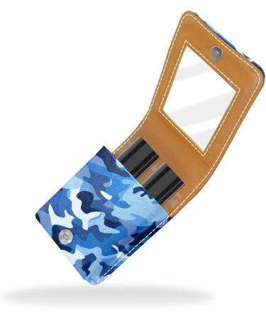 Leather Lipstick Case & Organizer with Mirror - Mini Blue Camouflage Lip Gloss Holder - Buy Online on GoSupps.com
