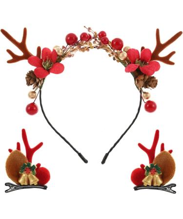 IYOU Christmas Headband with Hair Clips Red Reindeer Antlers Hair Band Red Berry Pine Cone Xmas Headwear Hair Accessories for Adult Kids - Buy Online on GoSupps.com