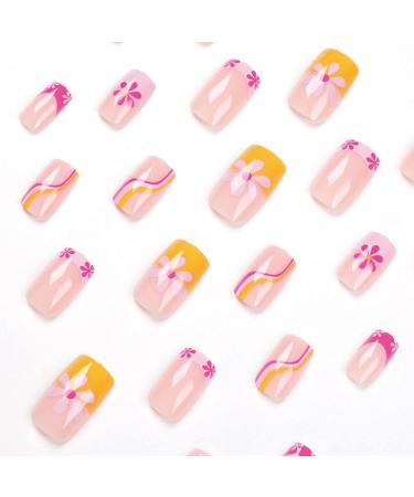 JustOTRY 24 Pcs Swirl Square Short Colourful French Press on Nails | Flower Pastel Fake Nails with Nail Glue | Squoval Nails for Women - Buy Online on GoSupps.com