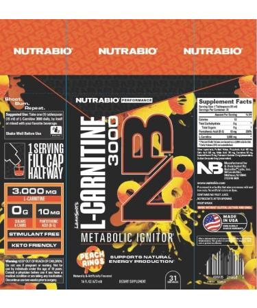 NutraBio L-Carnitine Liquid Shots 3000mg (Peach Rings) - Zero Carbs & Sugars Vitamin B-5 for Energy & Muscle Recovery - International Shipping Available - Buy Online on GoSupps.com