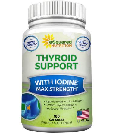 Premium Thyroid Support Supplement with Iodine (180 Capsules) - Best Herbal & Vitamin Complex Pills w/ B12, Ashwagandha, Bladderwrack & Kelp - Helper for Healthy Hormone & Energy