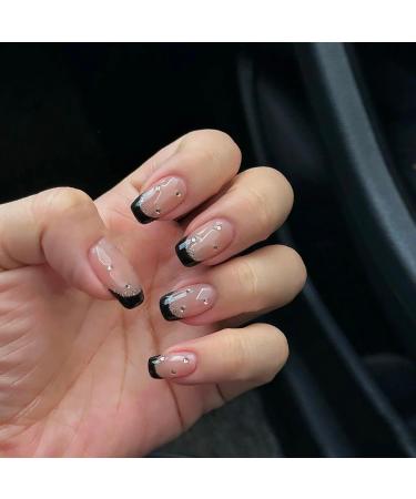 Black French Handmade Phototherapy Nail Patch Starry Sky Small Diamond Short Style Handmade Wearing Nail Patch False Nail (Size : XS)