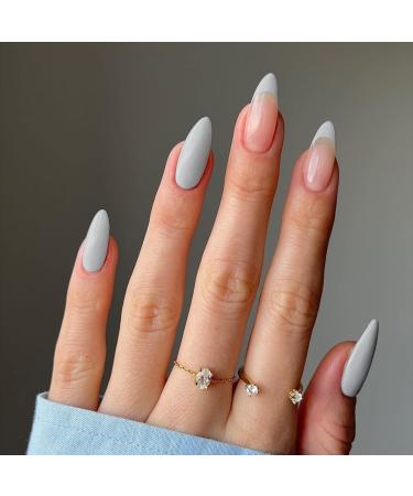 JUSTOTRY 24 Pcs Almond Short False Nails Light Grey French Press on Nails Pattern Glossy Fake Nails Short with Nail Glue Stiletto Medium Stick on Nails for Women and Teens Nails Art light grey1