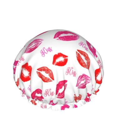 Red Pink Lip Kiss Shower Cap Waterproof Luxury Shower Caps for Women Reusable Bath Hair Cap Fashion Shower Hat with Elastic Easy to Wear Suitable for Long Short Curly Hair Color 9