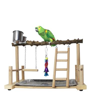 Parrots Playground Bird Perch Gym Playpen with Ladder Swings Feeding Cups for Parakeets African Grey Conures Cockatiel Cage Accessories Exercise Toys (Prickly ash Wood)