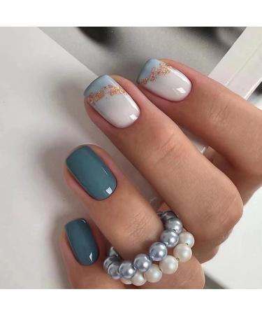 JUSTOTRY 24 Pcs Trendy White Medium False Nails Square French Press on Nails Pattern Glossy Fake Nails Short with Nail Glue Squoval Stick on Nails for Women and Teens Nails Art blue& short 1