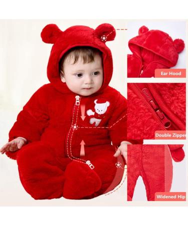 JiAmy Hooded Newborn Baby Romper Snowsuit | Red Fleece Jumpsuit | 0-3 Months - Buy Online on GoSupps.com